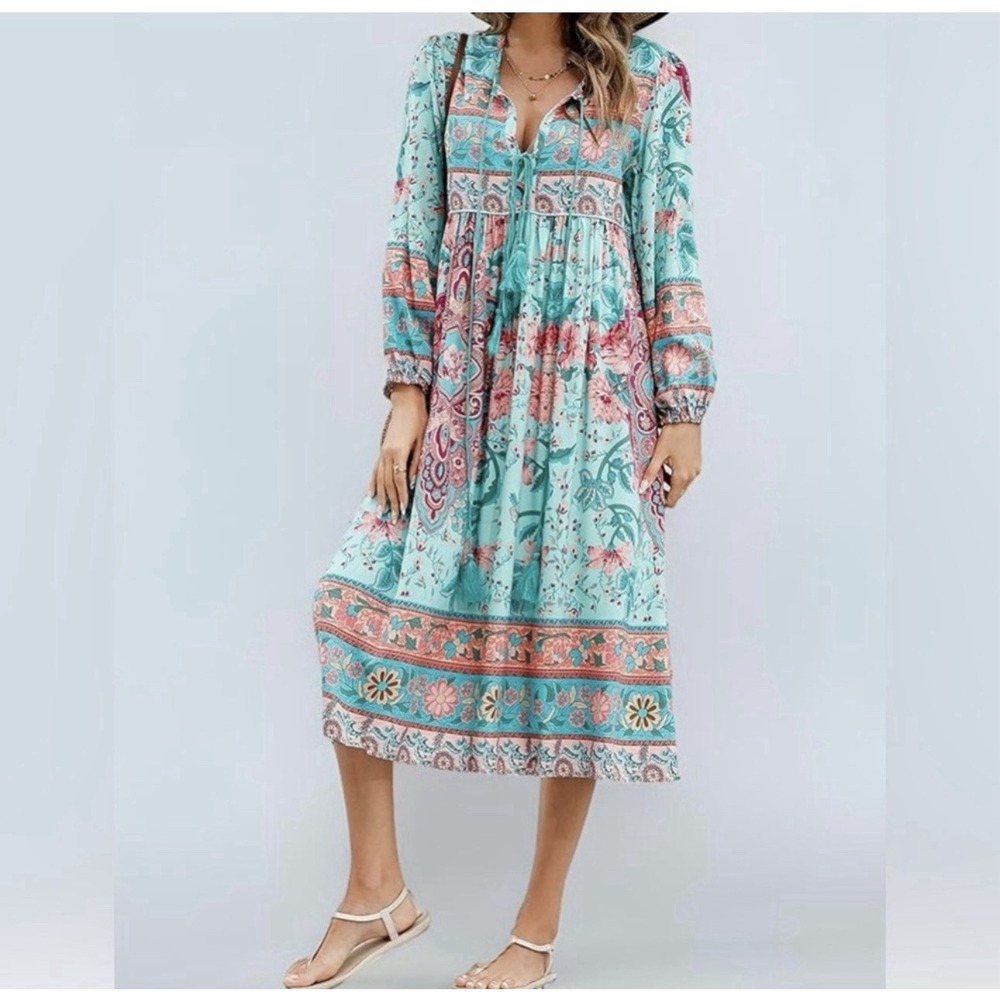 R.Vivimos Women's Long Sleeve V-Neck Floral Print Bohemian Midi Dress
